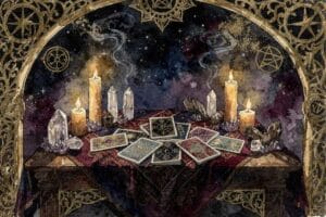 Tarot card spread displaying upright and reversed card positions with symbolic meanings and interpretations.