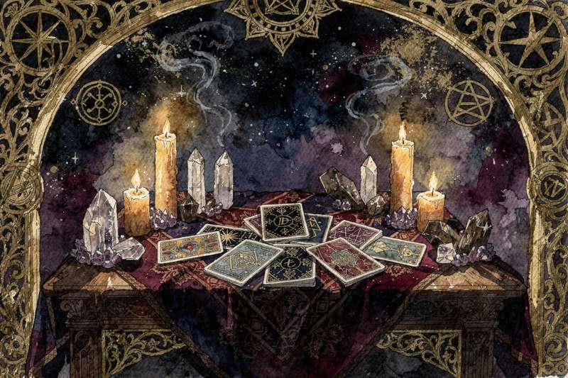 Tarot card spread displaying upright and reversed card positions with symbolic meanings and interpretations.