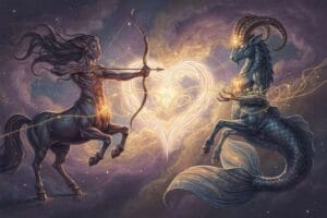 Sagittarius man and Capricorn woman sitting together discussing their relationship dynamics and astrological compatibility.