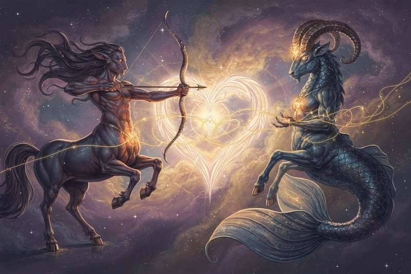 Sagittarius man and Capricorn woman sitting together discussing their relationship dynamics and astrological compatibility.