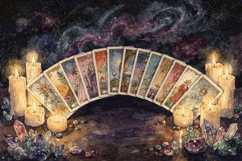 Major Arcana tarot cards laid out in sequence representing archetypal journeys and personal transformation stages.