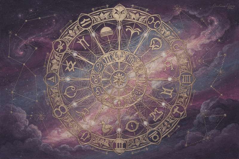 Astrological calendar showing planetary positions and aspect lines connecting celestial bodies.