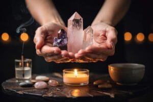 Celestial gemstones arranged in a sacred circle for spiritual angel communication and divine connection.