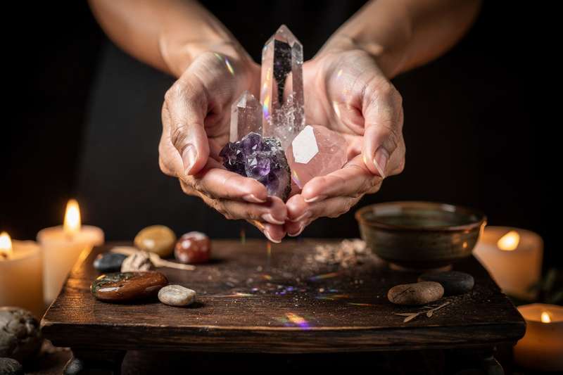 Assorted crystals arranged on a wooden surface for meditation and mindfulness practices.