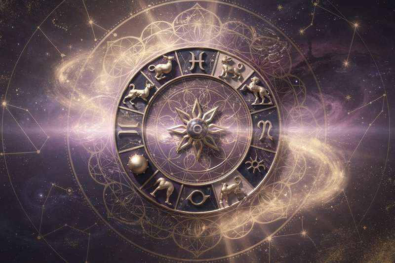 Zodiac wheel with constellation symbols representing monthly romantic forecasts and planetary alignments.