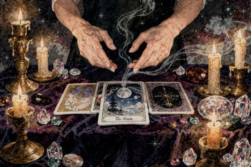 Tarot cards spread on a desk with business notes and planning materials for strategic decision-making guidance.