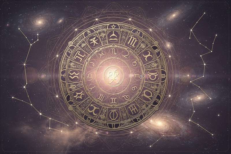 Celestial bodies and zodiac symbols arranged in a romantic composition representing April's astrological influences on...