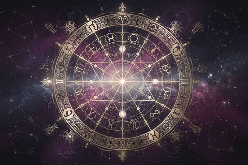 Aquarius zodiac symbol with eclipse shadow crossing celestial background and stars.