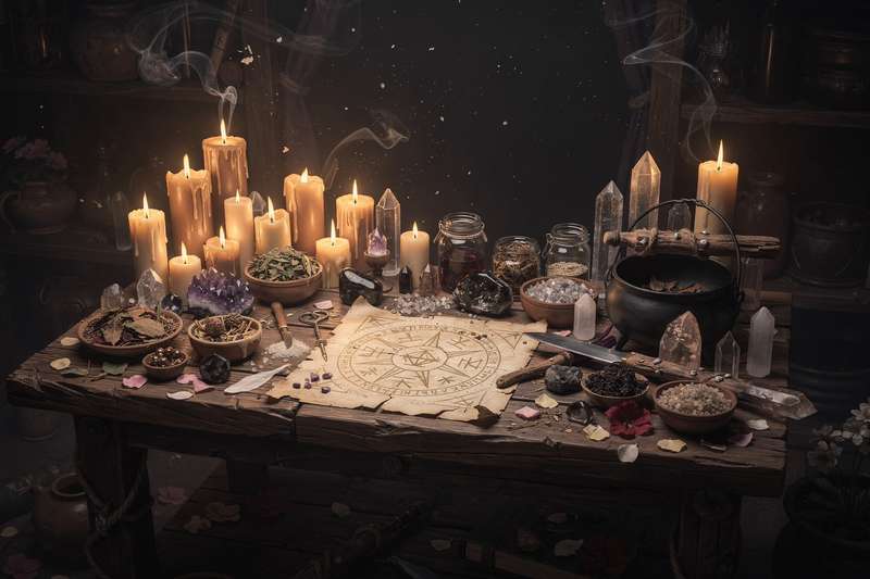 Ritual setup with candles, herbs, and crystals arranged for a career advancement spell practice.