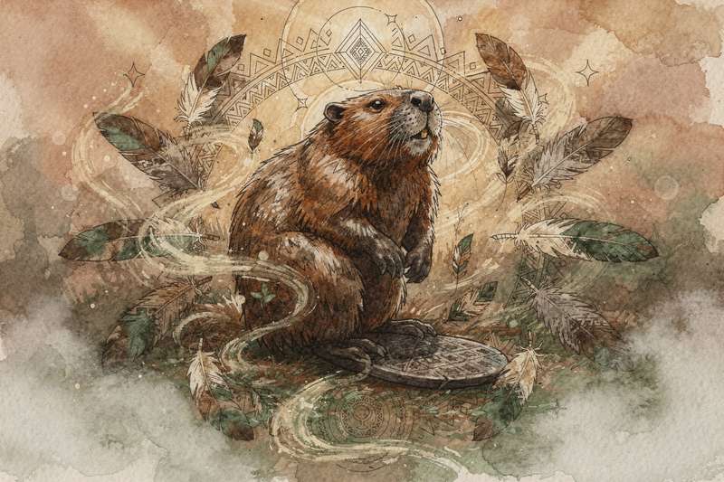 Industrious beaver working on a wooden dam in flowing water surrounded by forest trees.