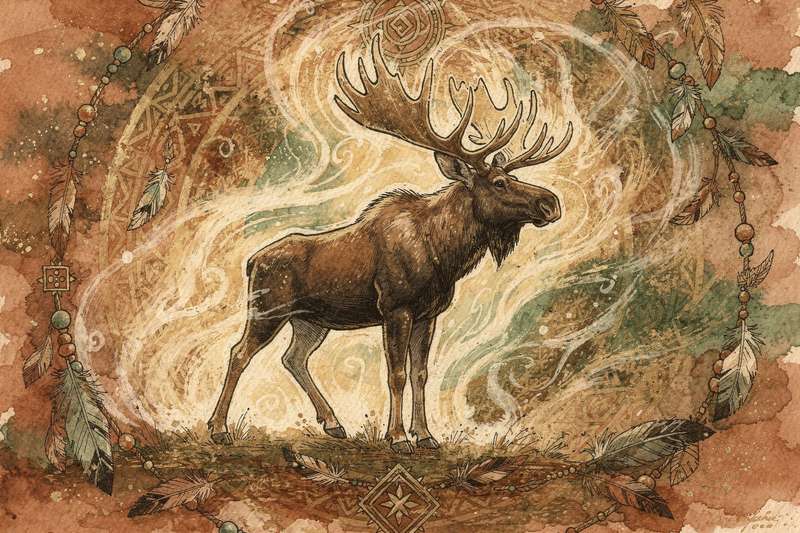 Majestic moose standing in a forest clearing representing strength, solitude, and spiritual guidance.