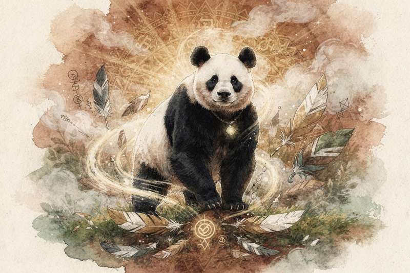 Giant panda sitting peacefully among bamboo forest symbolizing gentleness and balance in nature.