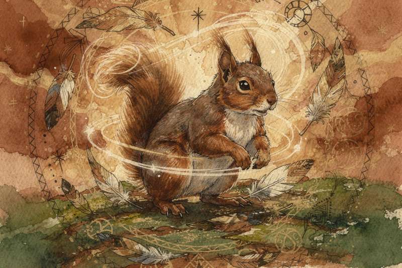 Squirrel gathering and storing nuts among tree branches, representing resourcefulness and preparedness.