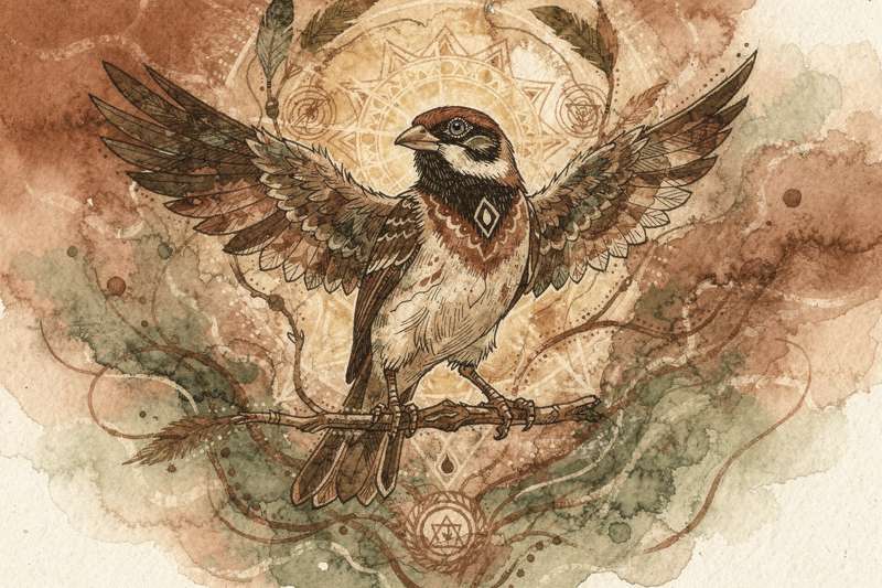Small sparrow perched on a branch representing joy, community, and resilience in spiritual symbolism.