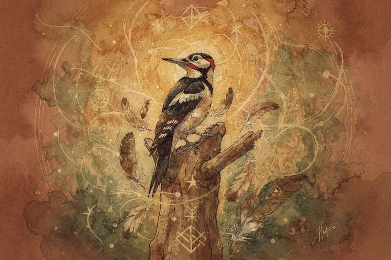 Woodpecker perched on tree bark, symbolizing persistence and spiritual awakening through rhythmic determination.