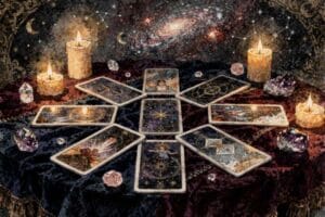 Tarot cards arranged in a spread formation designed to help identify and release self-imposed mental barriers.
