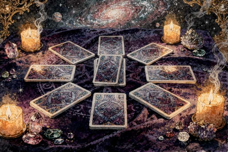 Tarot spread layout arranged in a pattern designed to explore emotional intimacy and relationship strengthening.