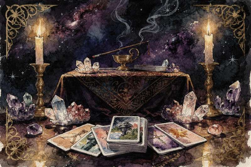 Ethical tarot reader consulting cards with client for responsible guidance and insight.