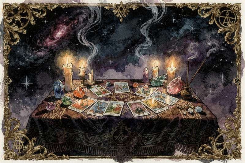 Tarot cards arranged in a spread layout representing throat chakra energy and communication themes.