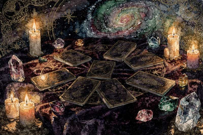 Tarot cards arranged in a symbolic pattern representing balance and renewal during the spring equinox season.