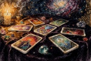 Summer solstice tarot spread layout showing three cards arranged in a circular pattern representing light, growth, and peak...