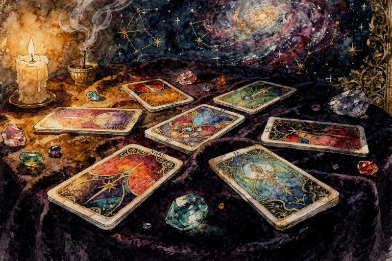 Summer solstice tarot spread layout showing three cards arranged in a circular pattern representing light, growth, and peak...