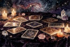 Tarot cards arranged in a circular pattern representing themes of rebirth and darkness during winter solstice.