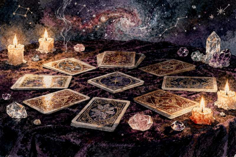 Tarot cards arranged in a circular pattern representing themes of rebirth and darkness during winter solstice.