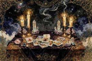 Spread of tarot cards arranged in a circular pattern representing themes of passion, courage, and new beginnings during Aries...