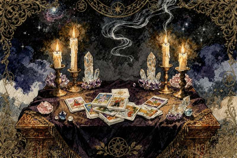 Spread of tarot cards arranged in a circular pattern representing themes of passion, courage, and new beginnings during Aries...
