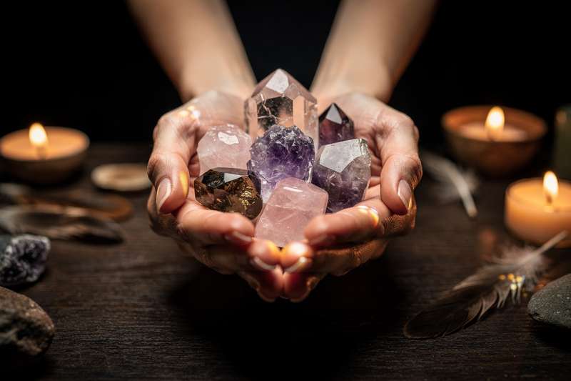 Sound-charged crystal jewelry pieces arranged to show their healing and energetic properties.
