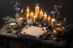 Dried herbs and botanicals arranged for smudging and energy cleansing rituals.