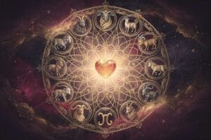 Virgo zodiac sign symbol surrounded by compatible friendship signs and harmony elements.