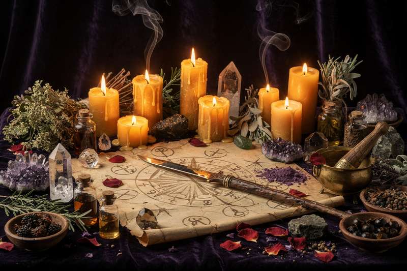 Witchcraft binding spell setup with candles, herbs, rope and ritual items on altar surface.