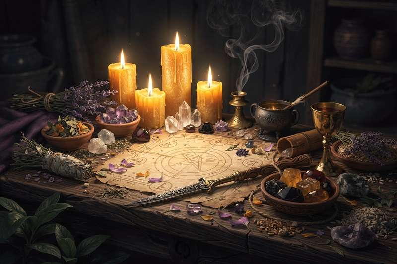 Candles, crystals, and herbs arranged on an altar for beauty and self-love magical rituals.