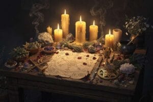 Ritual candles and crystals arranged on an altar for casting a friendship spell.