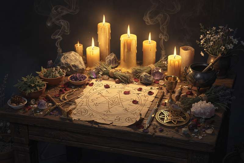 Ritual candles and crystals arranged on an altar for casting a friendship spell.