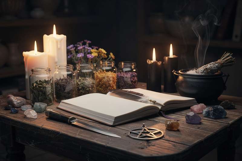 Beginner witch studying dark magic ethics and the moral considerations of casting hexes and curses.