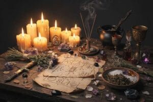 Colored cords and knots arranged for binding spells and witchcraft rituals.