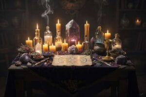 Candles and crystals arranged on a bedside table for enhancing lucid dreaming and sleep magic rituals.