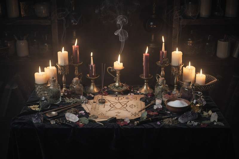 Wooden wand with crystal tip resting on an open spellbook during a witchcraft ritual.