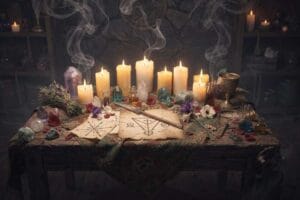 Celtic knot patterns and herbs used in traditional witchcraft rituals and spellwork.