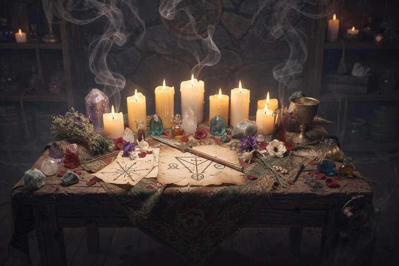 Celtic knot patterns and herbs used in traditional witchcraft rituals and spellwork.