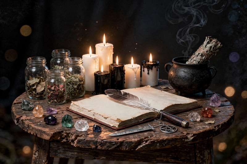 Modern laptop displaying mystical symbols and digital interface elements for online spell work and virtual rituals.
