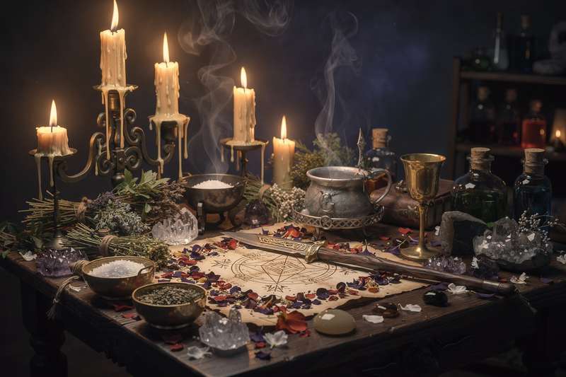 Simmering pot filled with dried herbs, crystals, and botanical ingredients for magical home rituals.