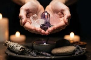 Rose quartz and amethyst crystals arranged on a soft fabric for emotional healing and heart chakra support.