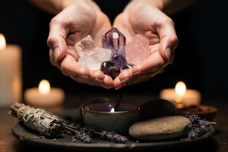Rose quartz and amethyst crystals arranged on a soft fabric for emotional healing and heart chakra support.