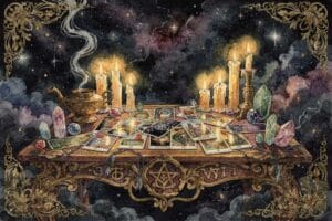 Spread of tarot cards laid out for a weekly reading with symbolic imagery representing guidance and messages.