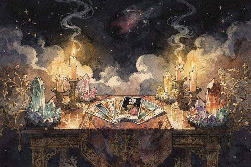 Tarot cards spread across a surface displaying major and minor arcana relevant to professional growth and workplace success.