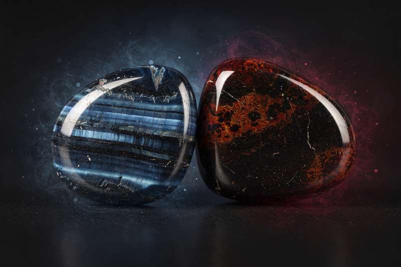 Blue Tiger's Eye and Mahogany Obsidian crystals arranged together for releasing negative energy.